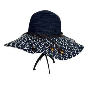 Fashion Hat Wide Brim Woven Sun Hat Beaded String Band Blue NWT 9041